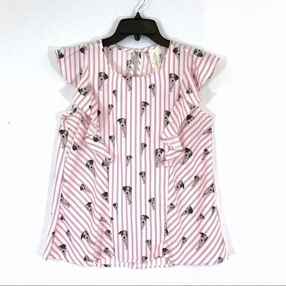 WESTMOON Peeking Puppies Striped Vintage Inspired Shirt Pink White Size S